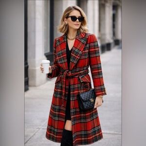 Vintage Junior Gallery Red Plaid Tartan Wool Belted Coat XS US Made